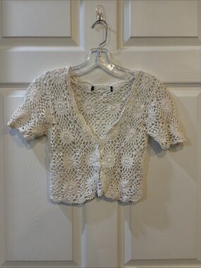 White Crochet Short-Sleeve Crop Top - Lightweight Button Front